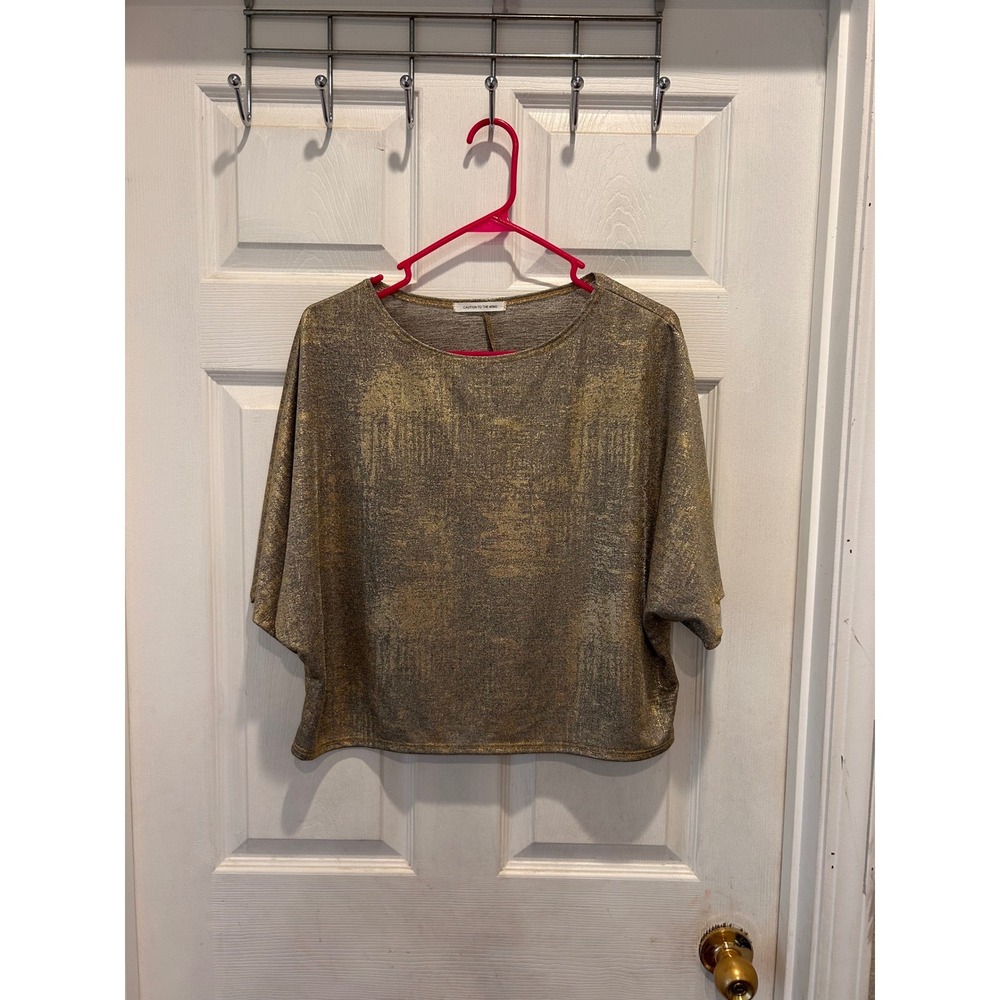 Caution to the Wind Womens Gold Metallic Foil Dolman Sleeve Boxy Crop Top Small